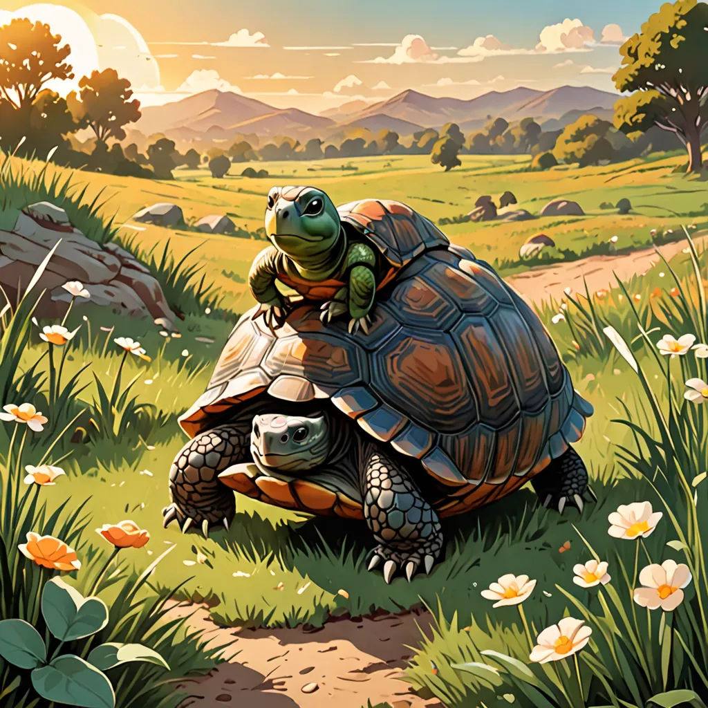 a painting of a turtle riding on top of a turtle on a path in a field of flowers and grass, fantasy art, a storybook illustration, Chris LaBrooy, storybook illustration