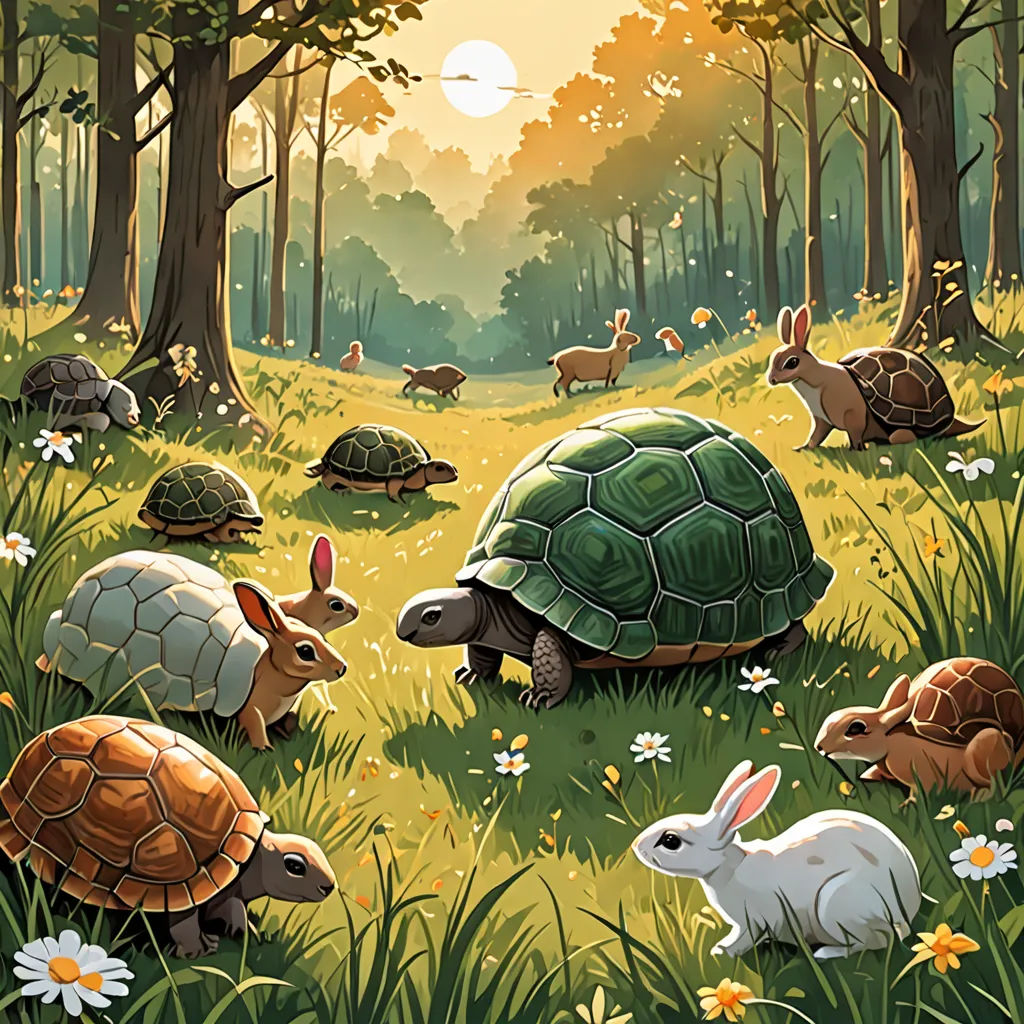 a painting of a group of animals in a forest with a turtle and rabbits in the grass and trees, fantasy art, a storybook illustration, Chris LaBrooy, storybook illustration