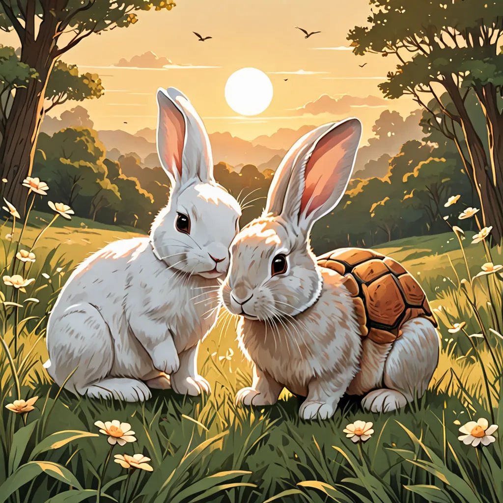 two rabbits sitting in the grass near trees and flowers at sunset with a bird flying overhead in the background, furry art, a storybook illustration, Dan Mumford, official art