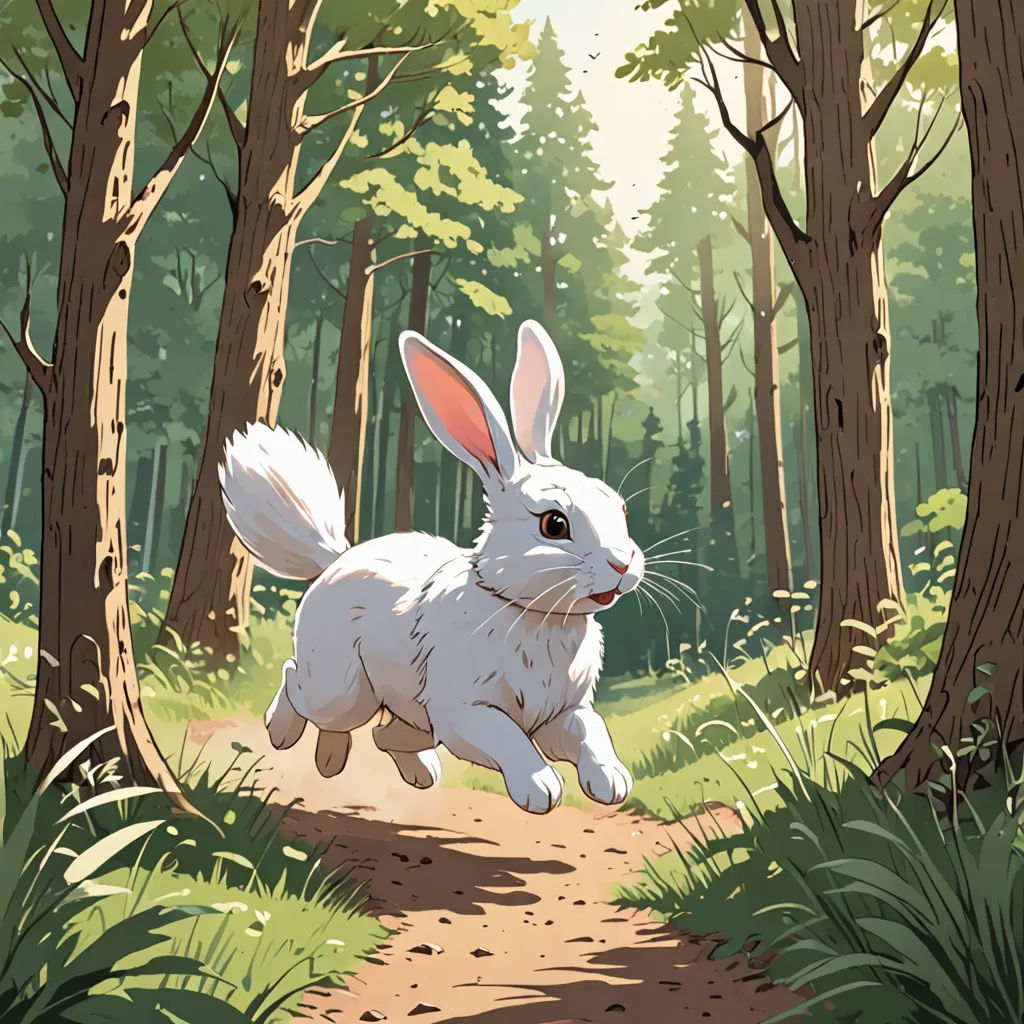 a white rabbit running through a forest with trees and grass on the ground and a trail leading to it, magical realism, a storybook illustration, Chris LaBrooy, rossdraws global illumination