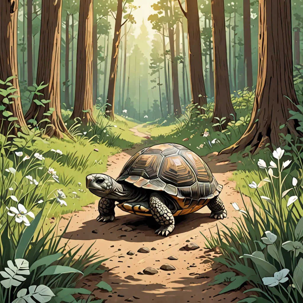 a turtle is walking down a path in the woods with trees and flowers on either side of it and a path leading to the right, environmental art, a storybook illustration, Dan Mumford, official art