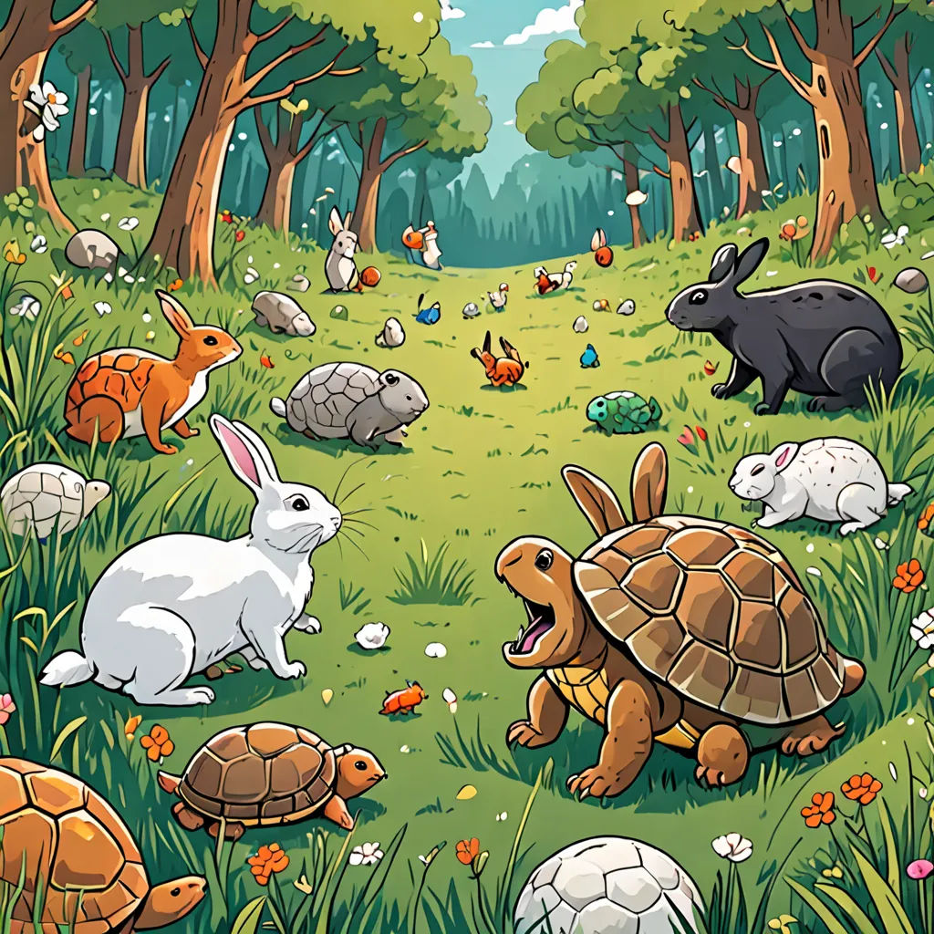 a group of animals that are in the grass together in the woods with trees and grass and rocks in the background, magical realism, a storybook illustration, Chris LaBrooy, storybook illustration