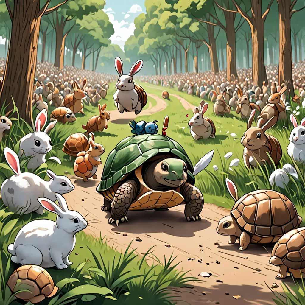 a turtle and many rabbits are in the forest together, and the turtle is on the road with the rabbit on it, fantasy art, a storybook illustration, Chris LaBrooy, furaffinity