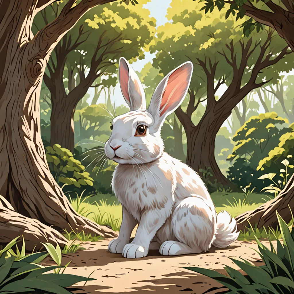 a white rabbit sitting in the middle of a forest with trees and grass around it, looking at the camera, fantasy art, a storybook illustration, Chris LaBrooy, rossdraws global illumination