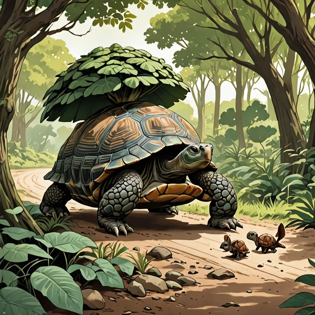 a painting of a turtle and its baby in a forest setting with trees and rocks on the ground and a path leading to the turtle, fantasy art, a storybook illustration, Chris LaBrooy, storybook illustration