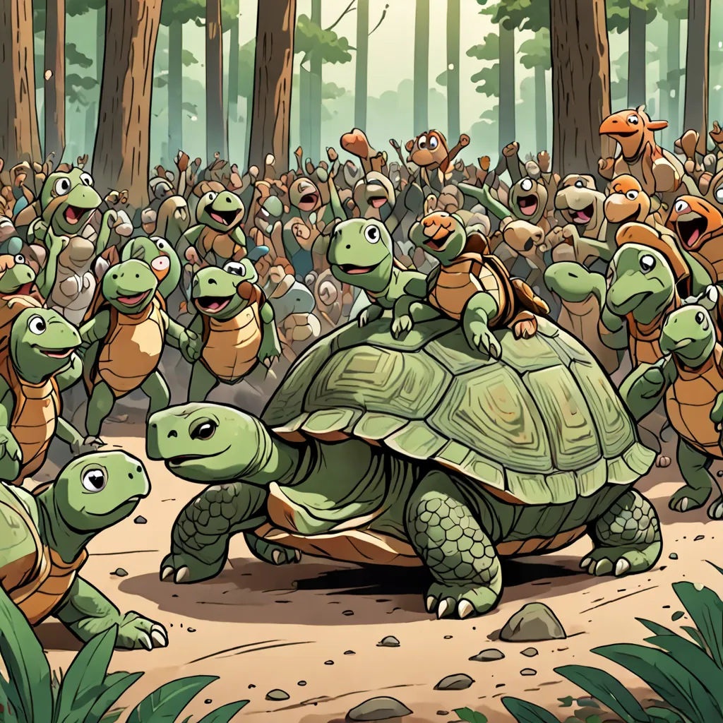 a group of turtles walking across a forest filled with people in costume and in costume like turtles, all of them wearing costumes, furry art, a storybook illustration, Dan Mumford, josan gonzales and dan mumford