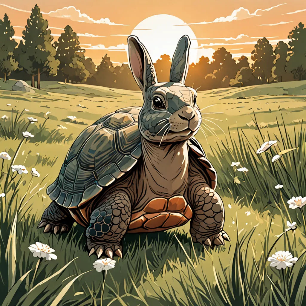 a rabbit sitting on top of a turtle in a field of grass and flowers at sunset with a sun in the background, sots art, a storybook illustration, Dan Mumford, official art