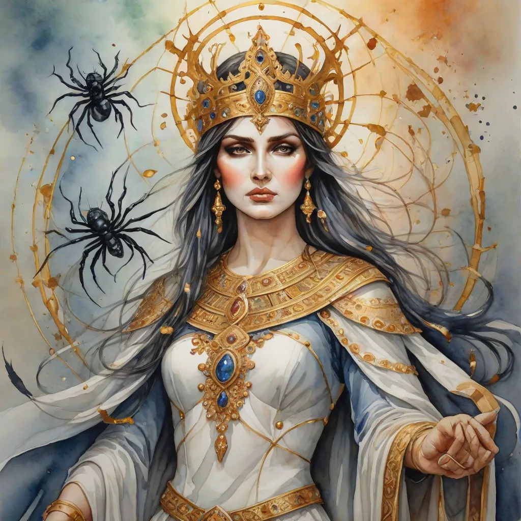 a painting of a woman with a crown and spider on her head, holding a spider in her hand, gothic art, a detailed painting, Donato Giancola, epic fantasy character art