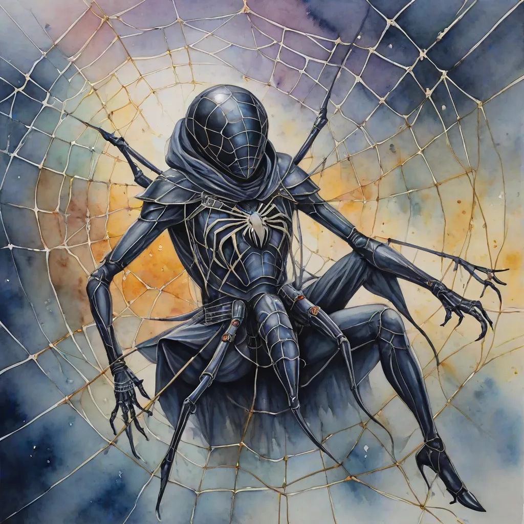 a painting of a person sitting in a spider web net with a knife in their hand and a spider on their arm, neoism, a detailed painting, Donato Giancola, cosmic horror