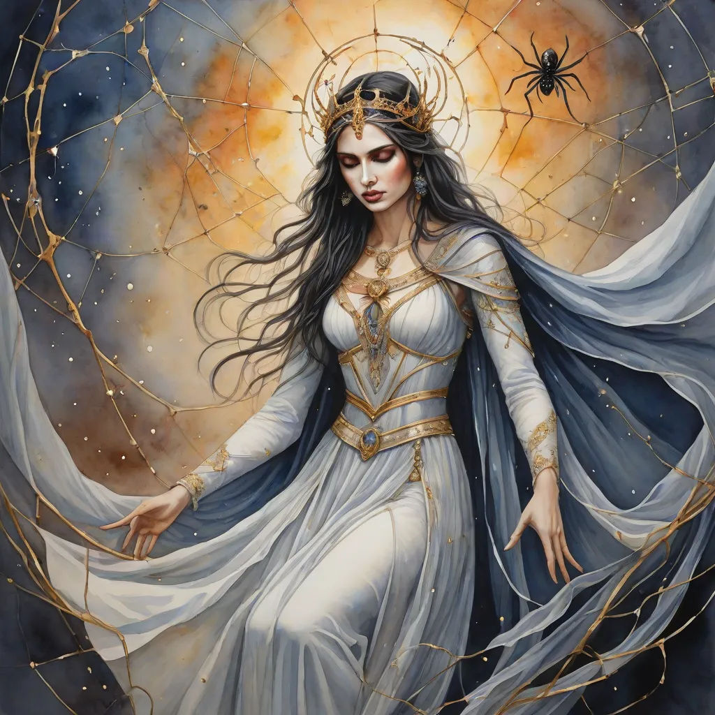 a painting of a woman in a white dress with a spider on her shoulder and a spider on her shoulder, gothic art, a detailed painting, Donato Giancola, dark fantasy art