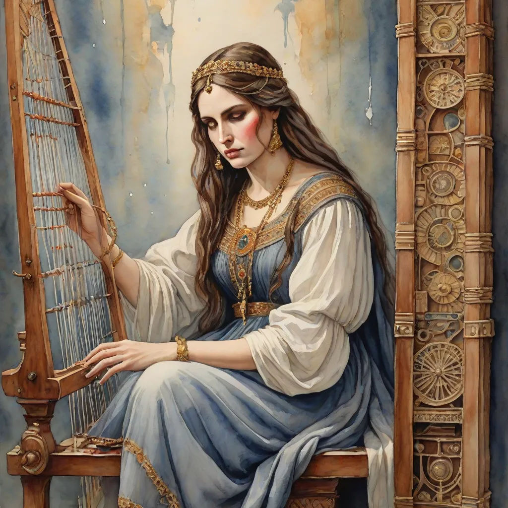 a painting of a woman playing a harp with a blue background and a gold border around her neck and arm, fantasy art, a fine art painting, Donato Giancola, classical painting