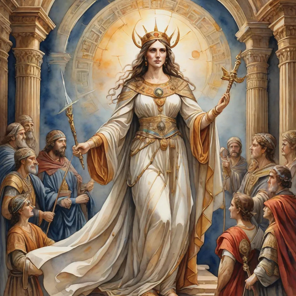 a painting of a woman with a crown and a sword in her hand, surrounded by other people and a doorway, renaissance, a detailed painting, Donato Giancola, elaborate