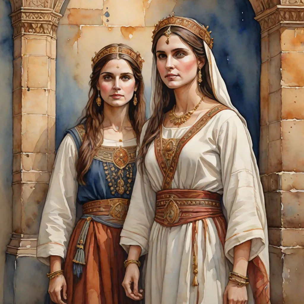 two women in ancient dress standing next to each other in front of a building with a doorway and a doorway, figurative art, a detailed painting, Donato Giancola, detailed painting