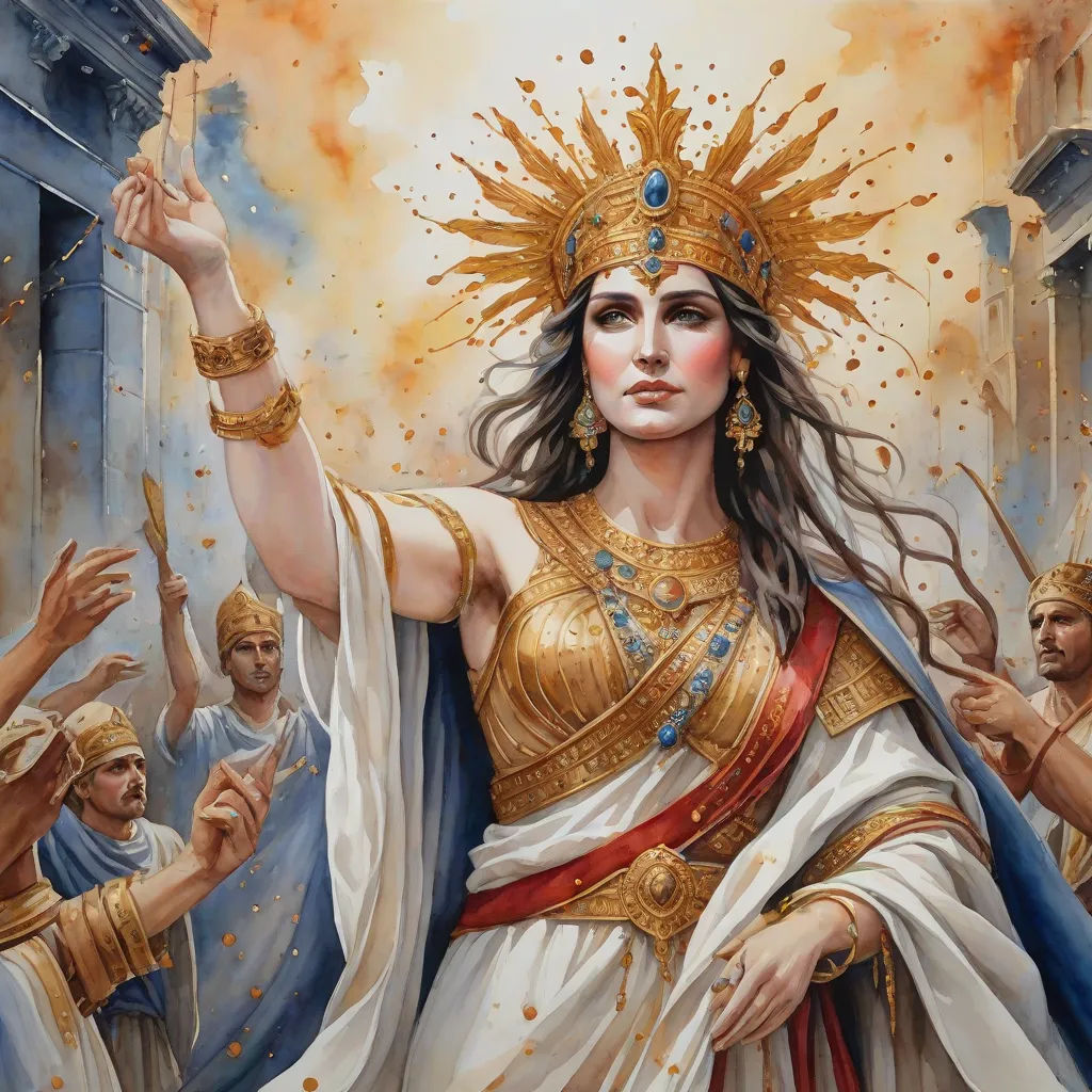a painting of a woman in a golden dress surrounded by other people and a firework in the background, fantasy art, a detailed painting, Donato Giancola, magic the gathering artwork