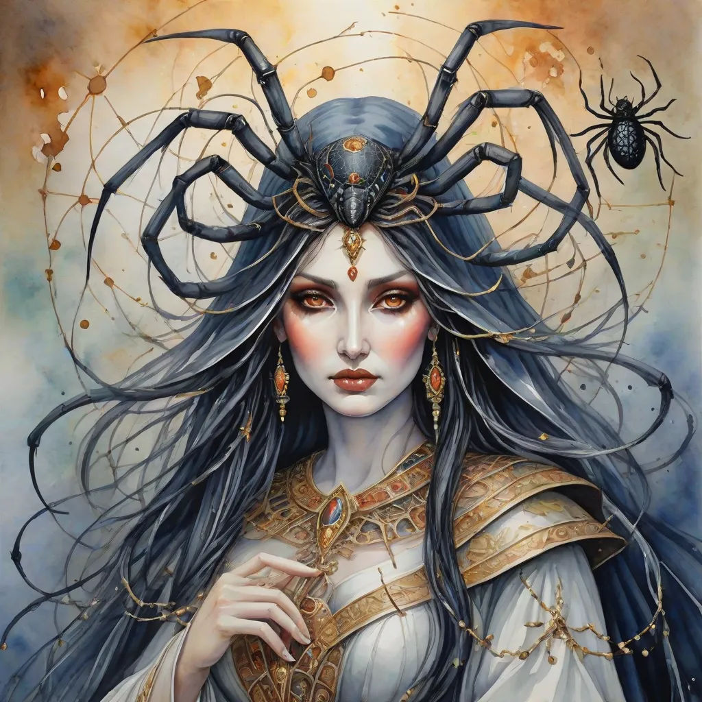 a woman with a spider on her head and a spider on her shoulder, with a spider on her head, gothic art, a detailed painting, Donato Giancola, fantasy artwork