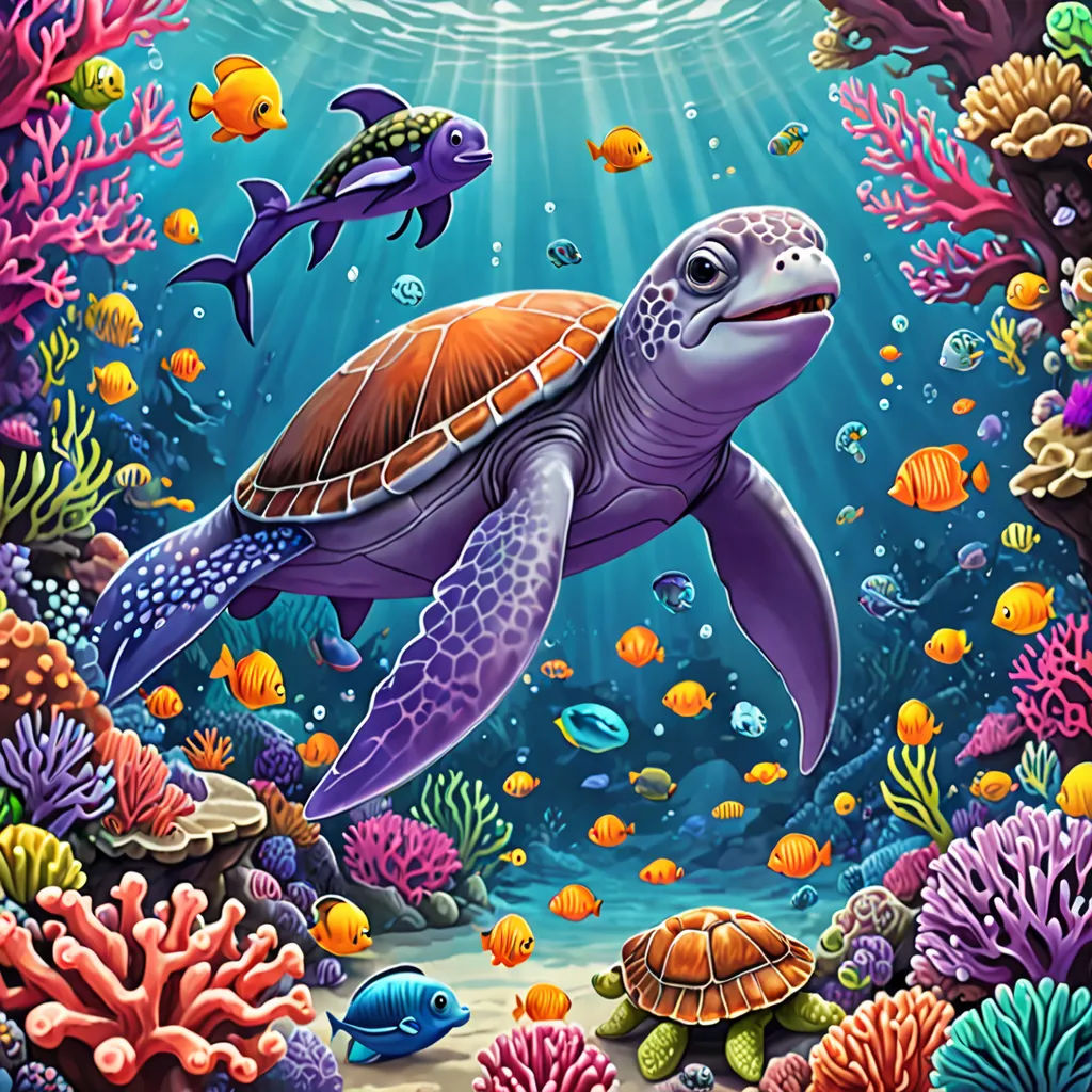 a painting of a turtle and other sea animals swimming in the ocean with corals and fish around it, psychedelic art, an airbrush painting, Dan Mumford, highly detailed digital painting