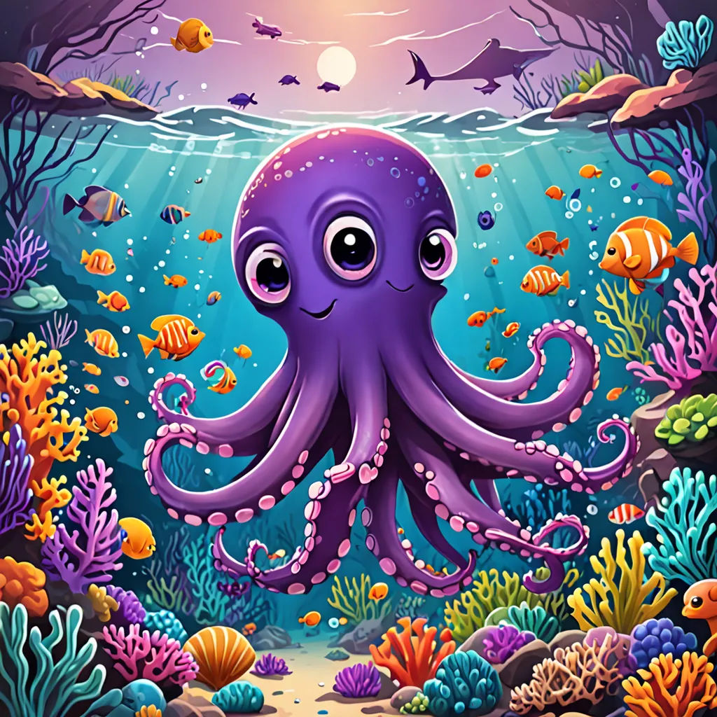 an octopus is swimming in the ocean with fish and corals around it, and a full moon in the background, pop surrealism, a storybook illustration, Chris LaBrooy, octopus