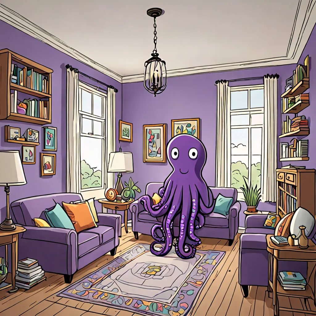 a living room with a purple octopus in the center of the room and a purple couch in the middle, context art, a character portrait, Asaf Hanuka, promotional image