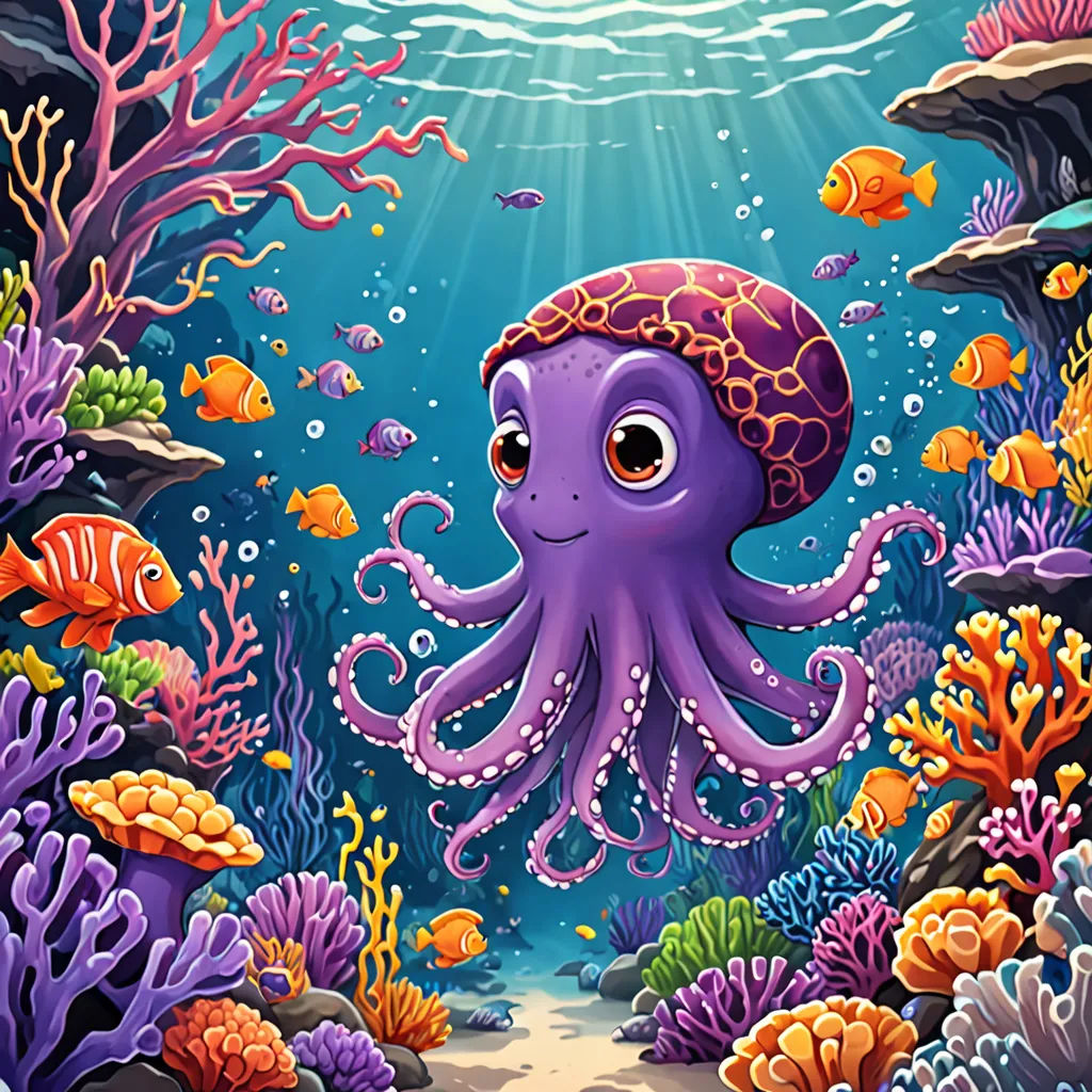 a purple octopus is swimming in the ocean with other colorful fish and corals around it, and a bright sunbeam is shining above, pop surrealism, a storybook illustration, Chris LaBrooy, highly detailed digital painting