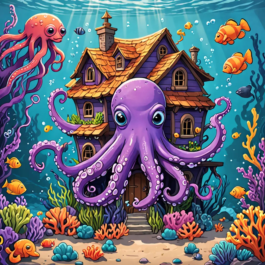 a house under the sea with an octopus and a fish swimming around it illustration by alex krapf, pop surrealism, a storybook illustration, Chris LaBrooy, game art