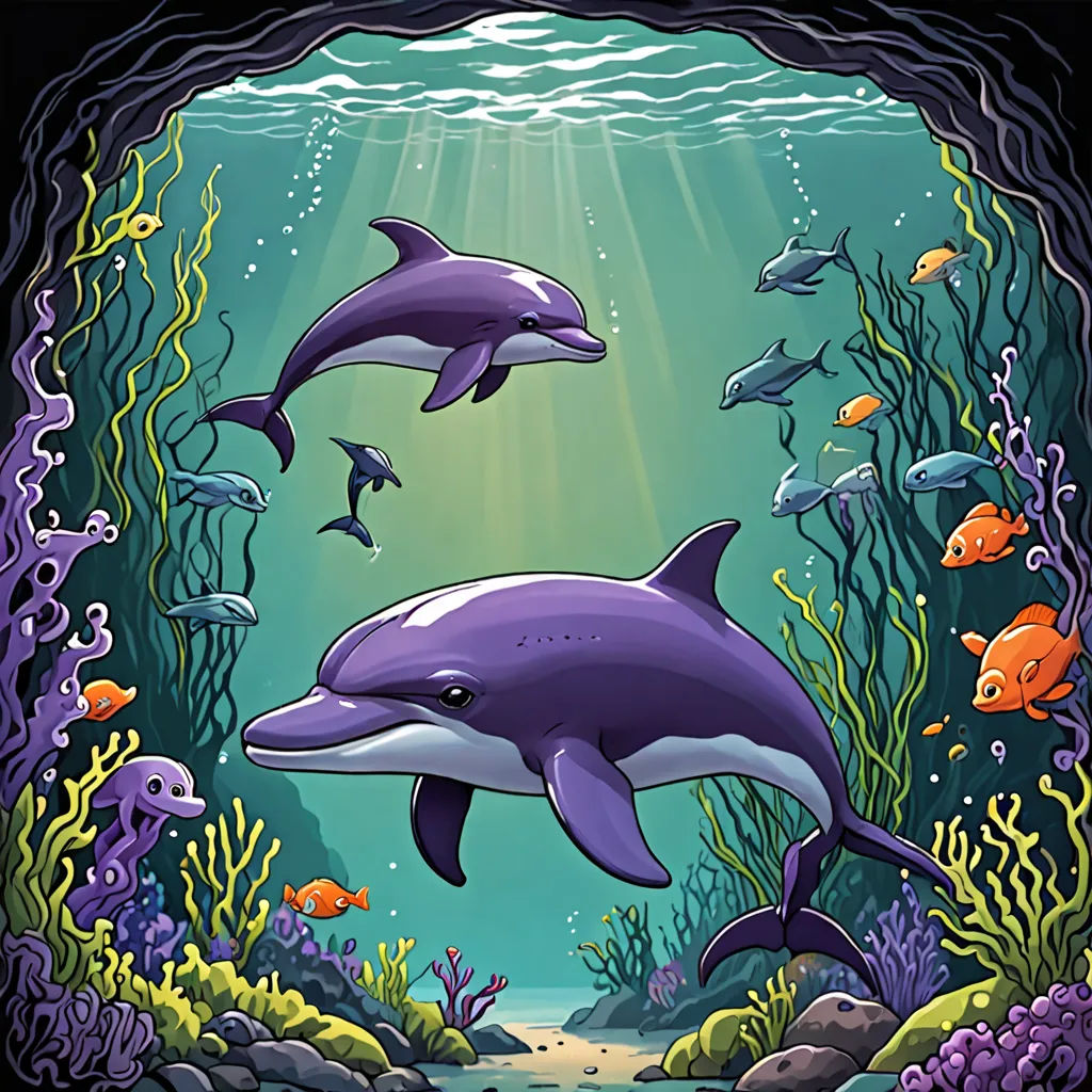 a couple of dolphins swimming under a tunnel in the ocean with fish and corals on the bottom of the water, pop surrealism, a storybook illustration, Dan Mumford, ocean