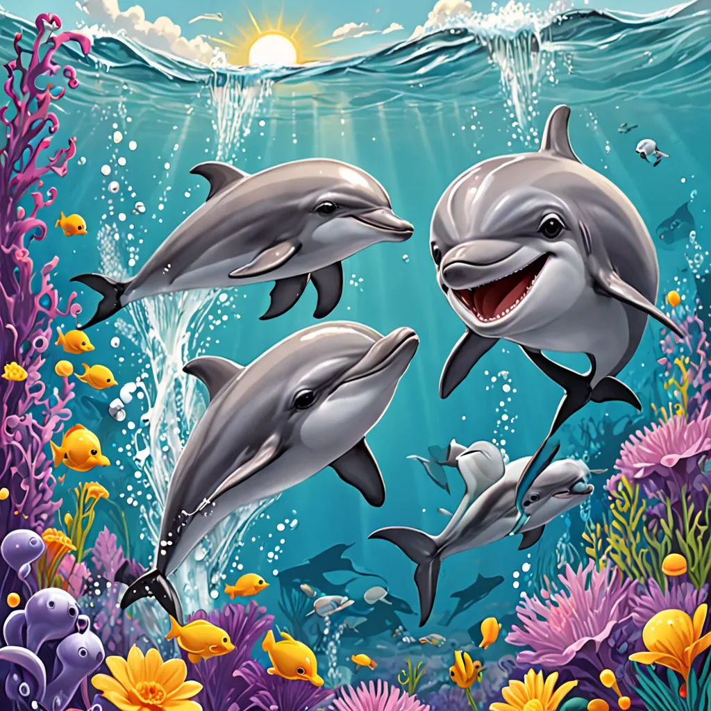 a group of dolphins swimming in the ocean with a sun in the background and a coral reef with fish, pop surrealism, a storybook illustration, David Martin, highly detailed digital painting