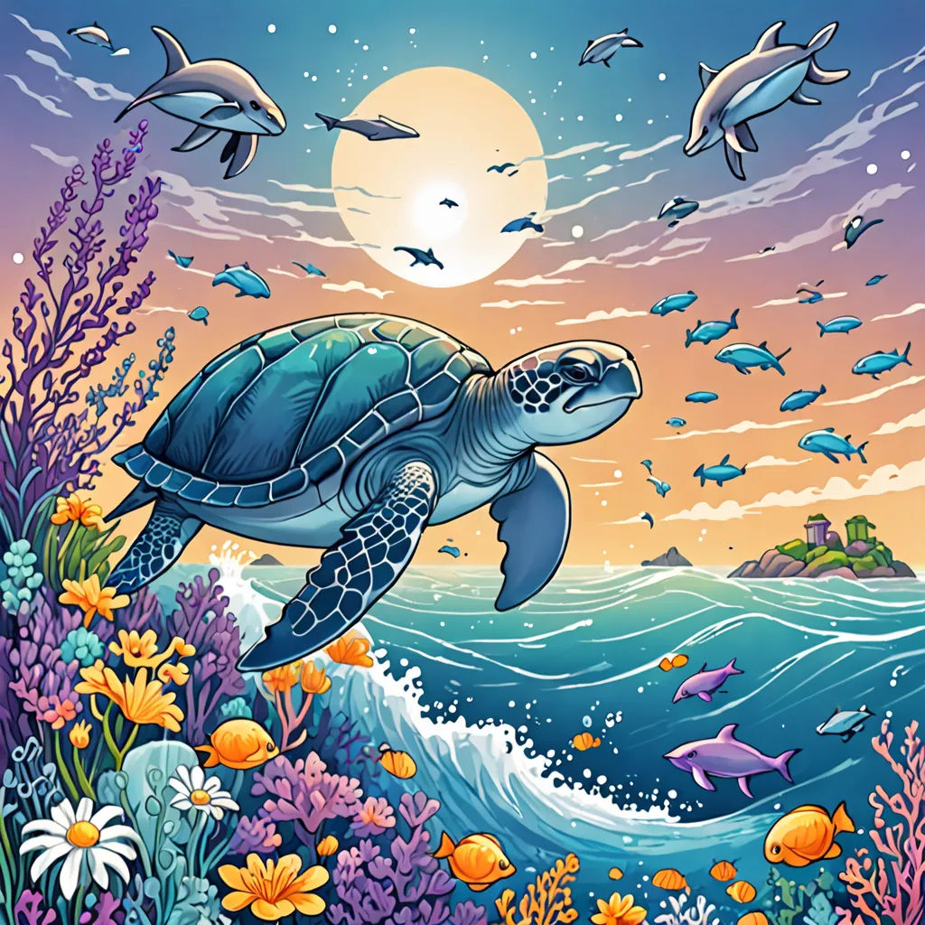 a painting of a turtle swimming in the ocean with fish around it and a full moon in the background, psychedelic art, a storybook illustration, Dan Mumford, josan gonzales and dan mumford