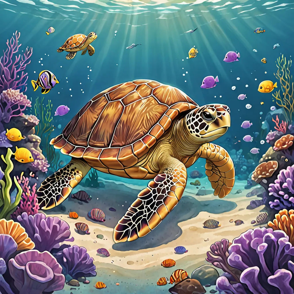 a painting of a turtle swimming in the ocean with corals and other marine life around it, with a sunbeam in the background, fantasy art, a storybook illustration, Chris LaBrooy, highly detailed digital painting