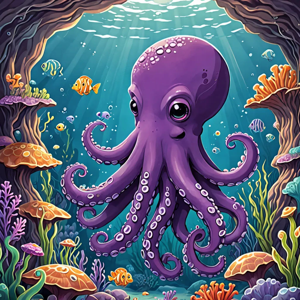 an octopus is swimming in the ocean with fish and corals around it, and a cave with fish, pop surrealism, a storybook illustration, Dan Mumford, octopus
