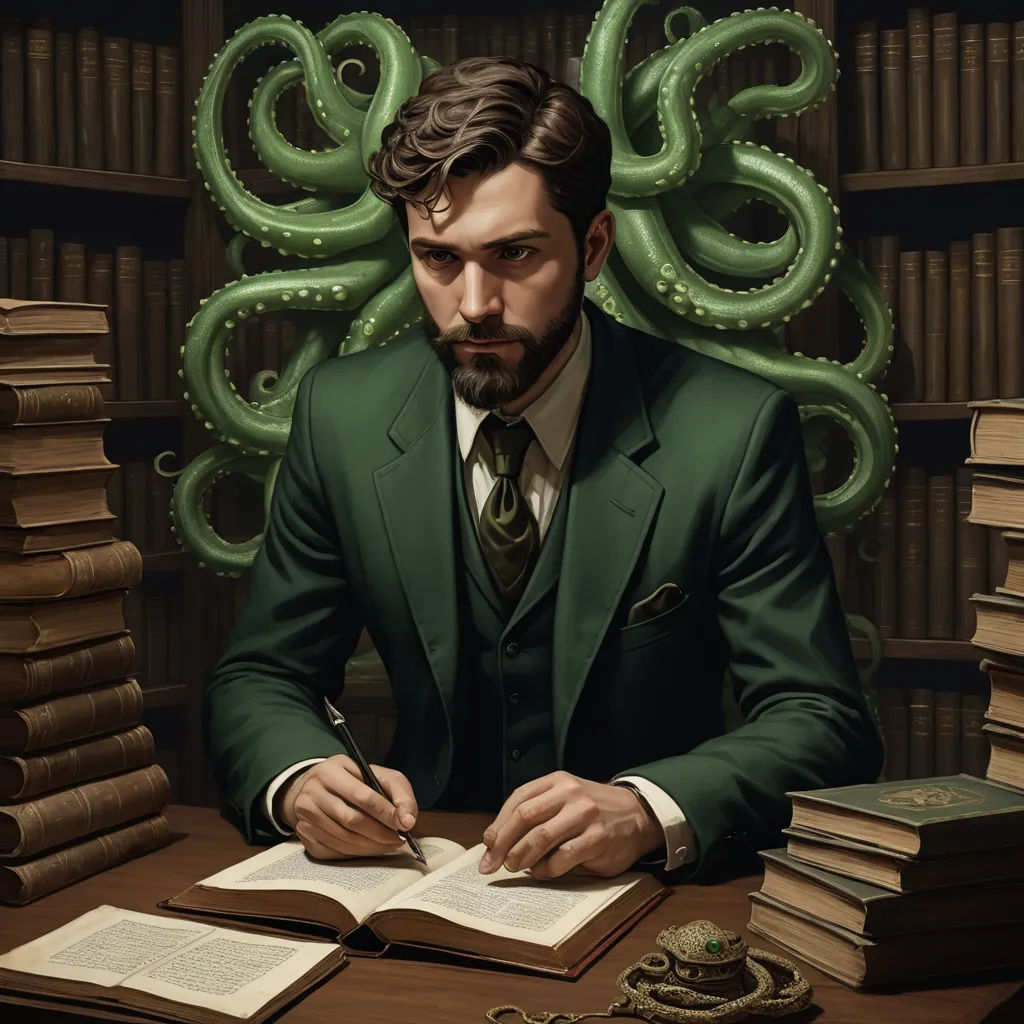 a man in a suit sitting at a desk with a book and a pen in his hand and a giant octopus in the background, academic art, a character portrait, Bastien L. Deharme, lovecraftian