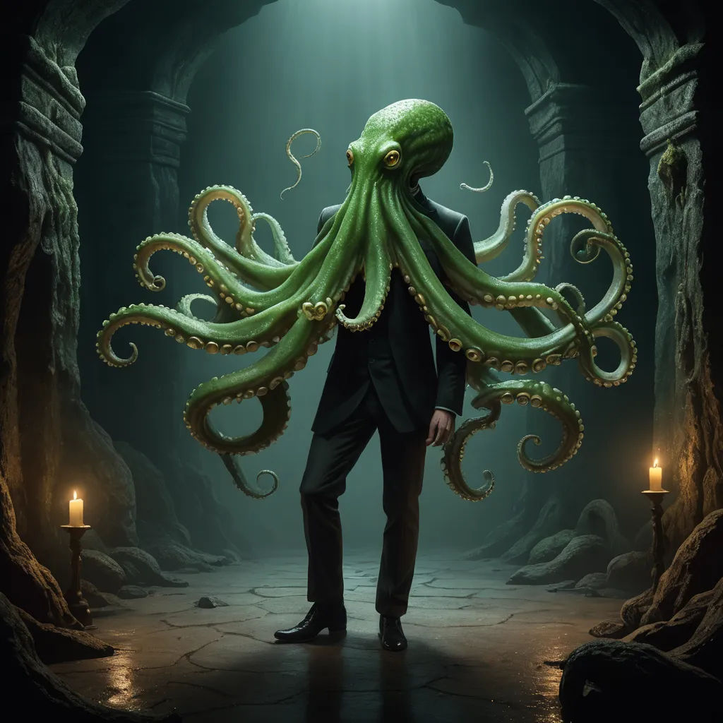 a man in a suit and an octopus suit is standing in a cave with candles in his hands and a light shining on him, pop surrealism, a character portrait, Bastien L. Deharme, lovecraftian