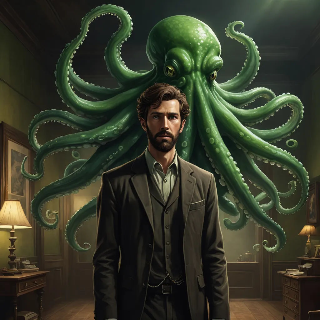 a man in a suit and tie standing in front of an octopus head in a room with a lamp, fantasy art, a character portrait, Diego Gisbert Llorens, lovecraftian