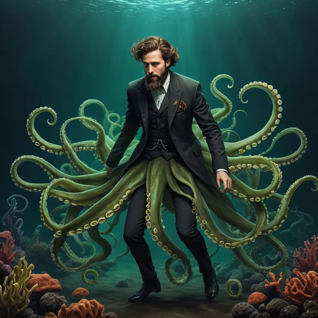 a man in a suit and tie standing in front of an octopus in the ocean with a beard and a beard, pop surrealism, a character portrait, Diego Gisbert Llorens, lovecraftian