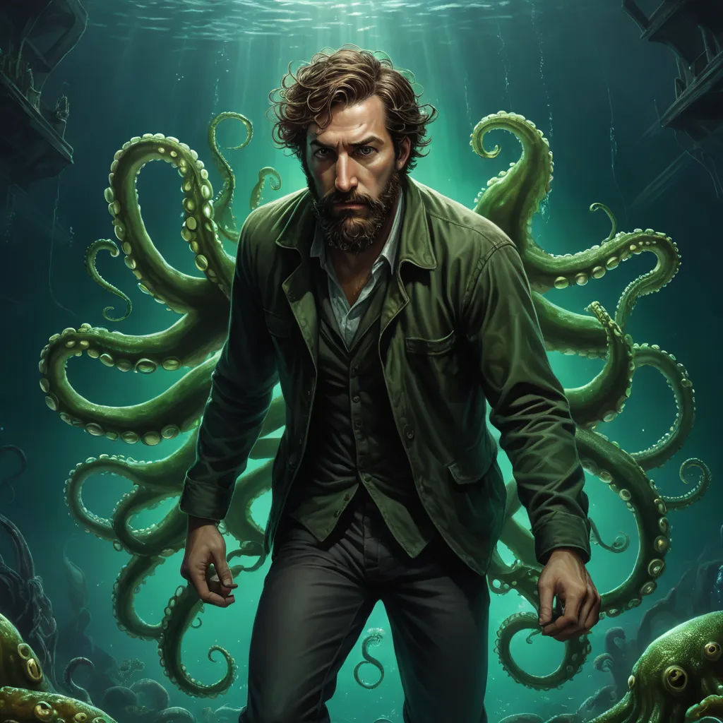 a man in a green jacket standing in front of an octopus in the water with a light above him, fantasy art, a character portrait, David Palumbo, lovecraftian