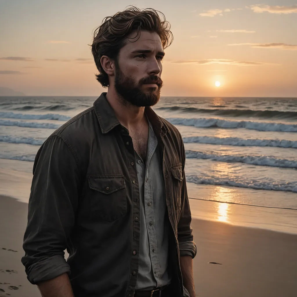 a man standing on a beach next to the ocean at sunset with the sun setting in the background and the ocean behind him, neo-romanticism, a character portrait, Alonso Vázquez, promotional image