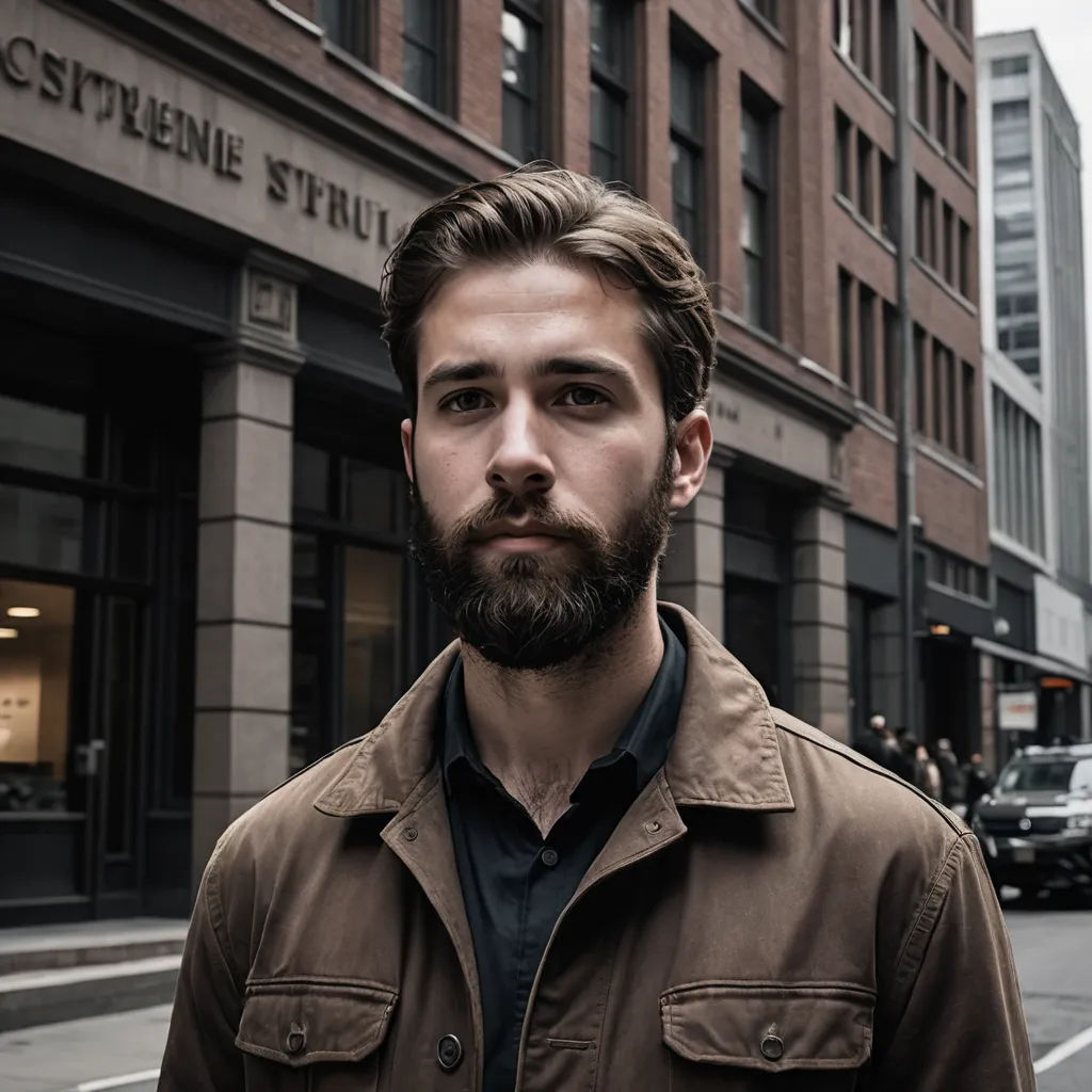 a man standing on a street corner in front of a building with a beard and a brown jacket on, neoism, a character portrait, Chris Spollen, portrait photography