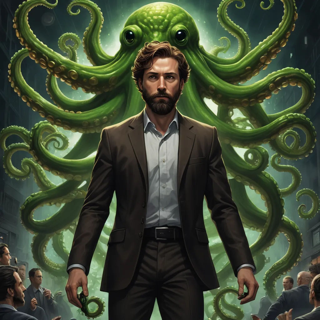 a man in a suit and tie standing in front of an octopus with a beard and a beard on, altermodern, poster art, Aaron Jasinski, lovecraftian