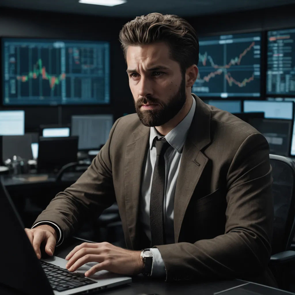 a man in a suit and tie sitting at a desk with a laptop computer in front of him and a monitor behind him, les automatistes, a stock photo, Andries Stock, hard focus