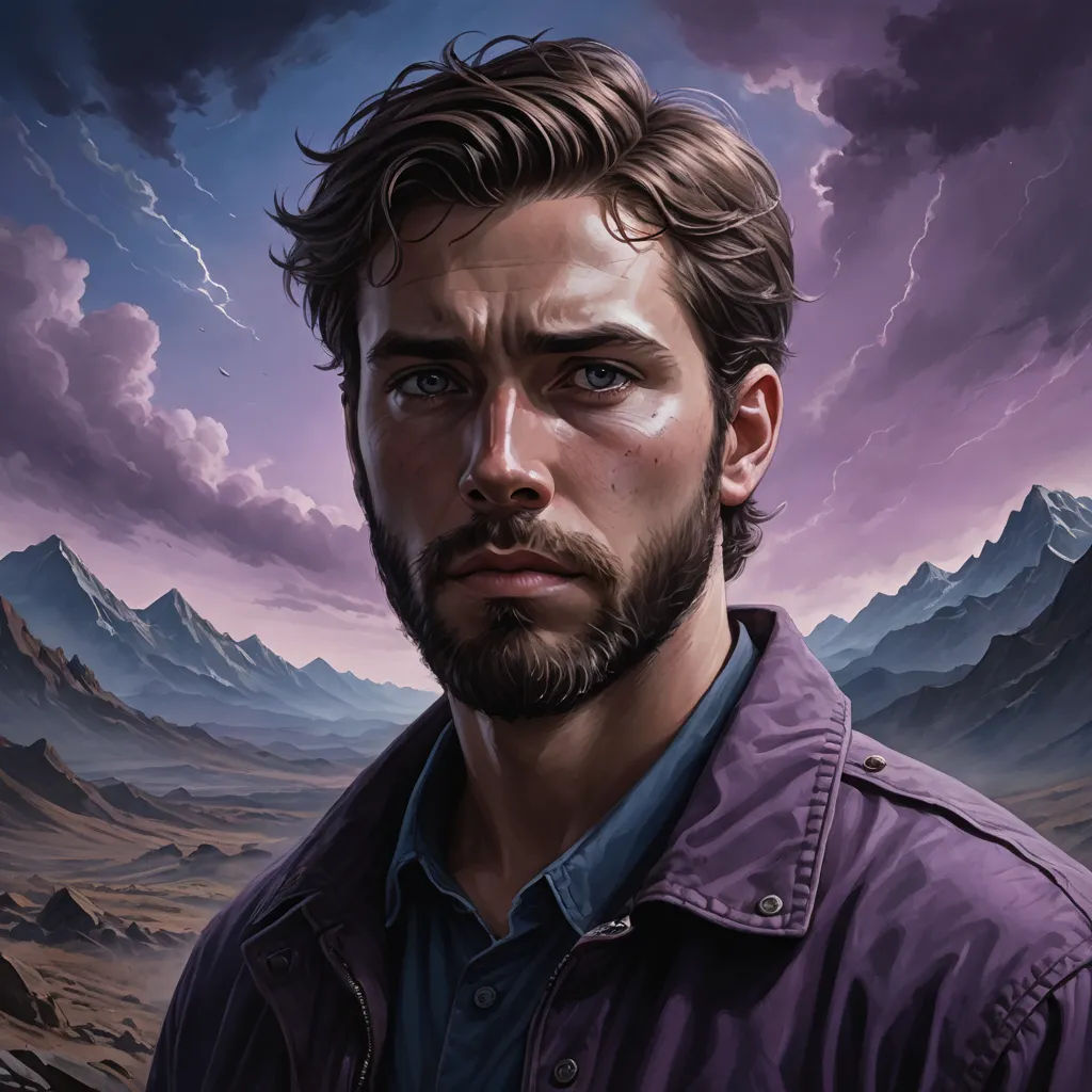 a man with a beard and a purple shirt is looking at the camera with a mountain range in the background, sots art, a character portrait, Aaron Jasinski, magic the gathering artwork