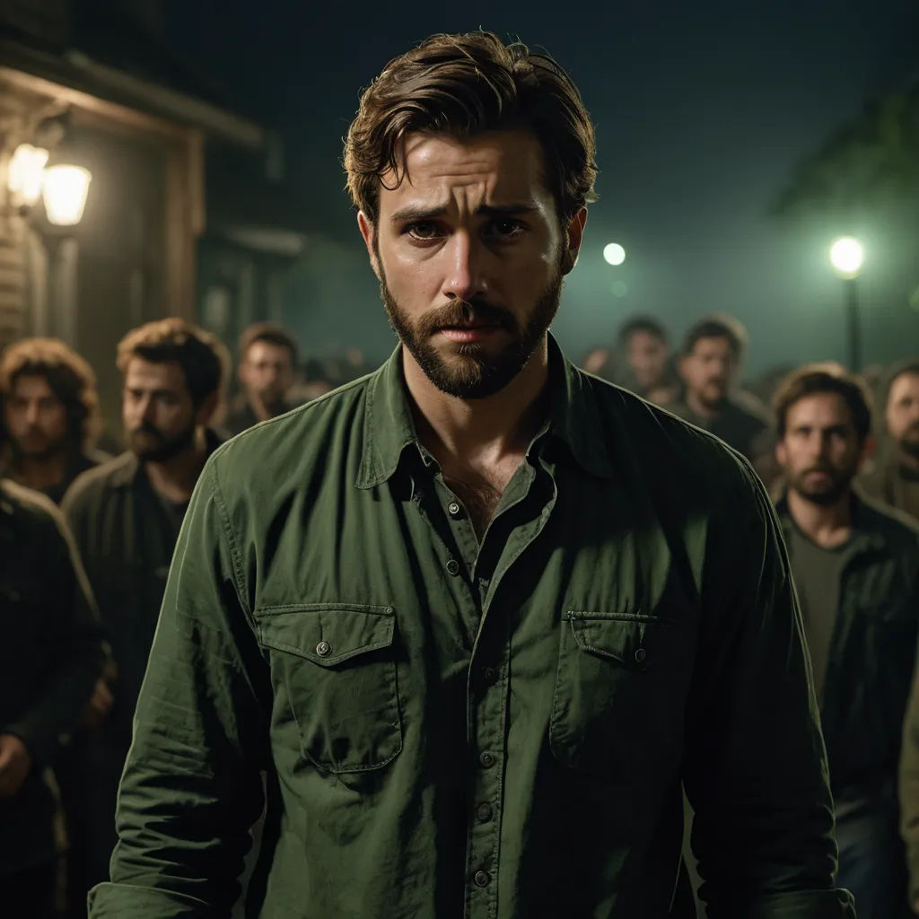 a man in a green shirt standing in front of a crowd of people at night with a flashlight on his face, antipodeans, a poster, Bryan Organ, promotional image