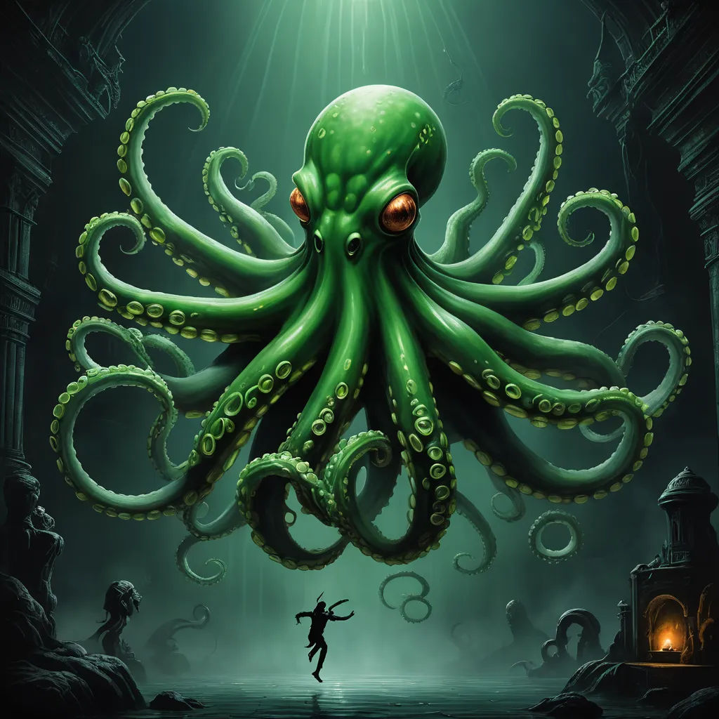 a green octopus with a person standing in front of it in a dark room with a light shining on it, pop surrealism, concept art, Cyril Rolando, lovecraftian