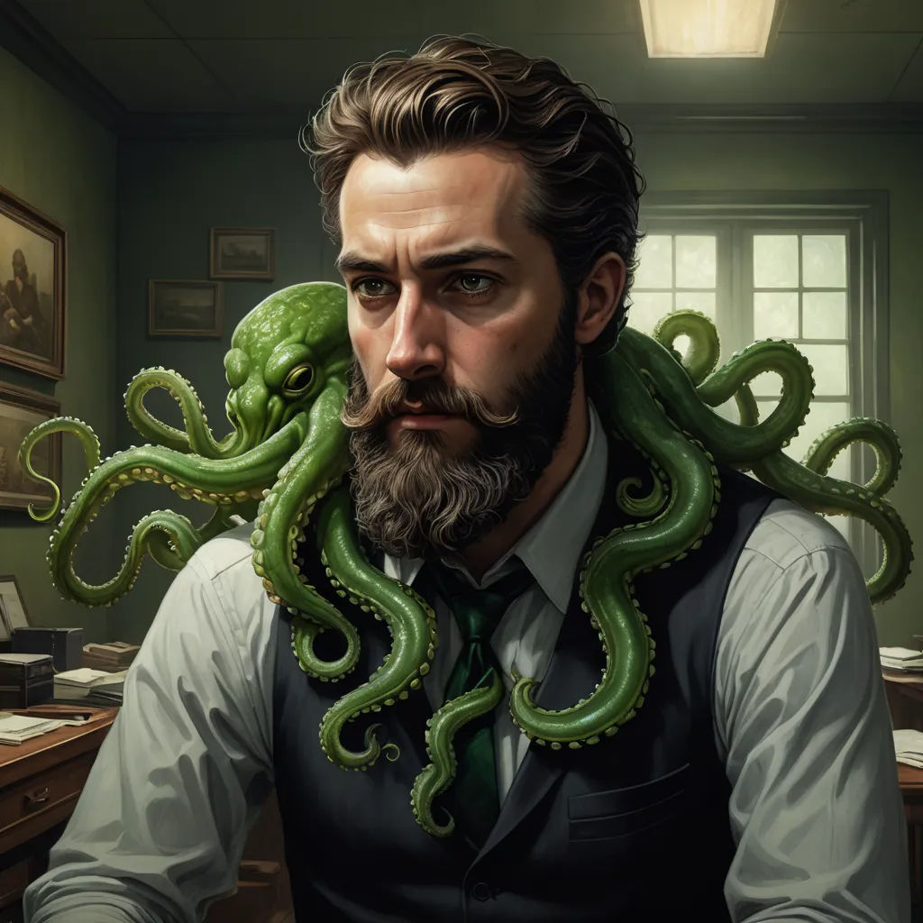 a man with a beard and a beard wearing an octopus suit and tie, sitting at a desk with a computer, fantasy art, a character portrait, Aaron Jasinski, lovecraftian