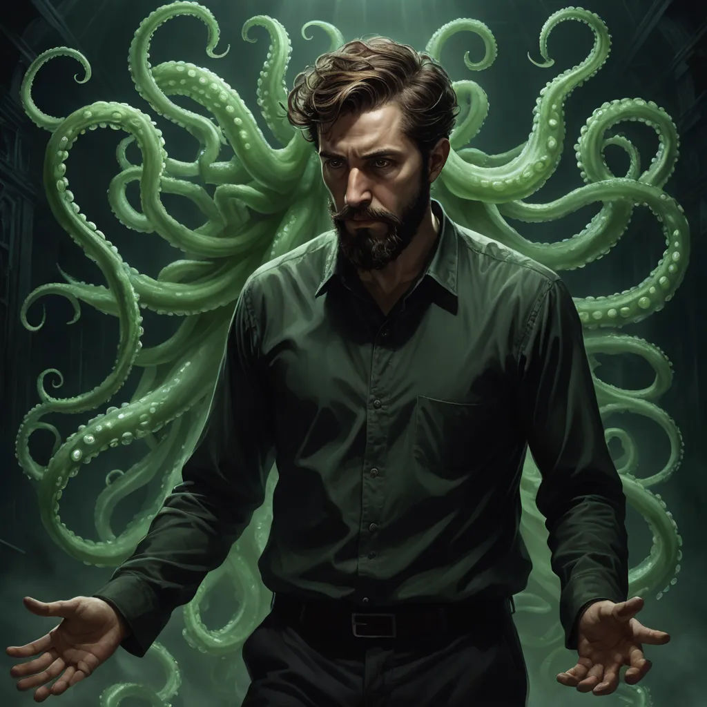 a man with a beard and a beard standing in front of an octopus like creature with his hands out, altermodern, a character portrait, Aaron Jasinski, lovecraftian