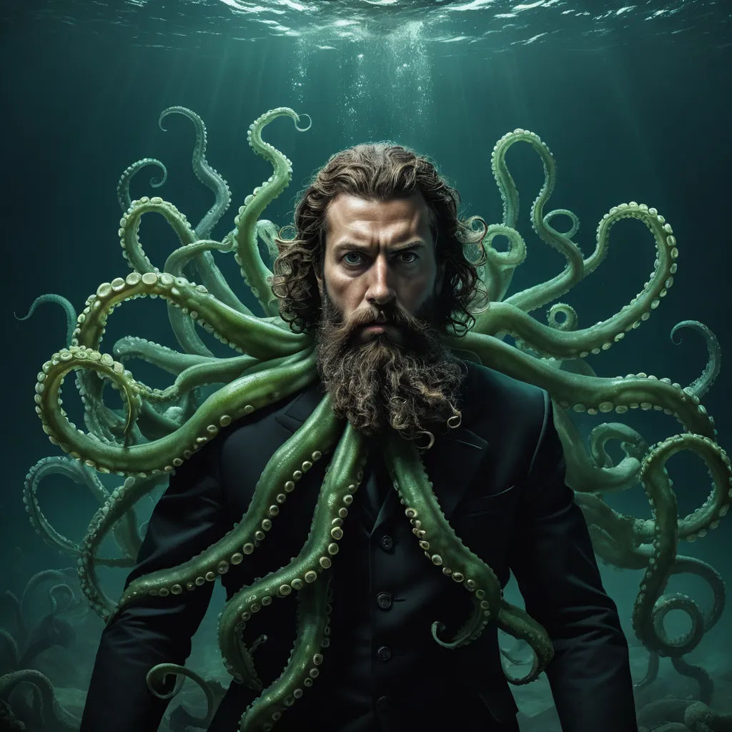 a man with a beard and a beard in a suit is surrounded by an octopus like creature in the water, fantasy art, poster art, Dirk Crabeth, lovecraftian