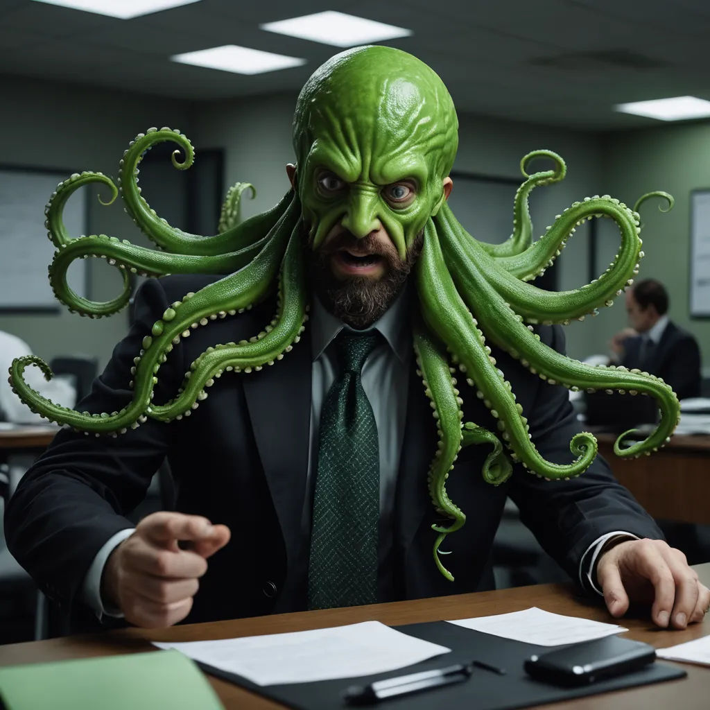 a man in a suit and tie with an octopus mask on his head sitting at a desk in an office, institutional critique, a stock photo, Chris LaBrooy, vfx