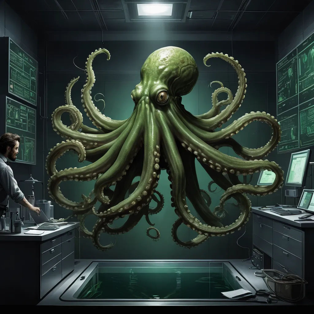 a man standing in front of a computer monitor next to an octopus sculpture in a room with a computer on the wall, nuclear art, concept art, Diego Gisbert Llorens, lovecraftian