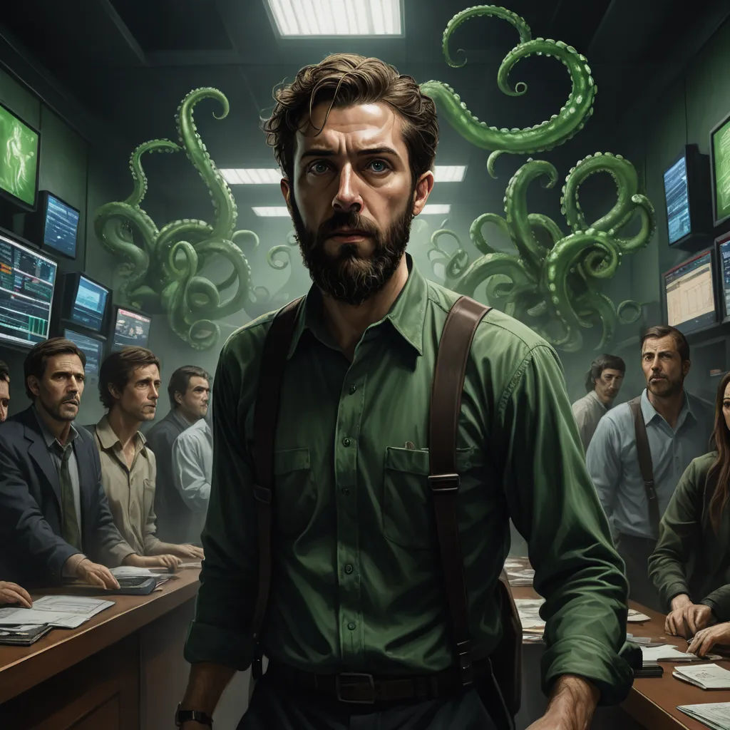 a man in a green shirt and suspenders standing in front of a group of people in a room with computer screens, serial art, a character portrait, Aaron Jasinski, lovecraftian