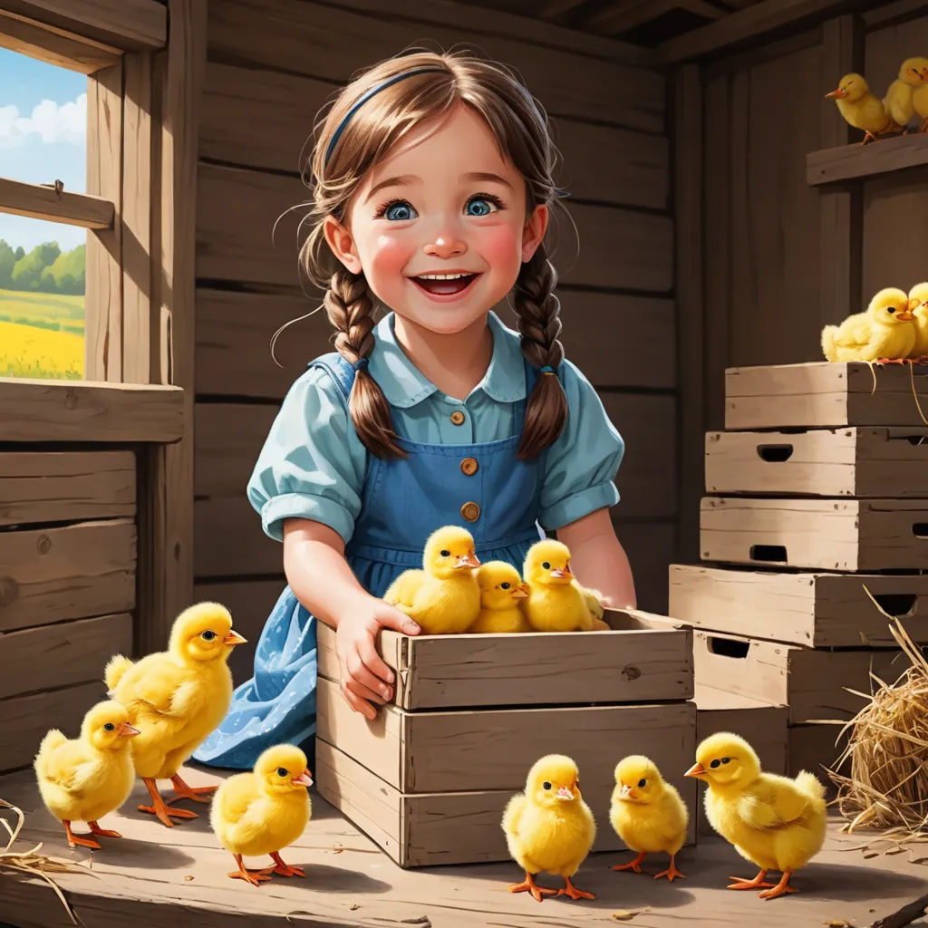 a painting of a girl with a box of chicks in front of her and a bunch of chickens in the background, context art, a detailed painting, Chris LaBrooy, highly detailed digital painting