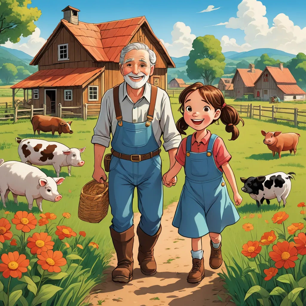 a man and a girl are walking through a farm with cows and a barn in the background with a red roof, american scene painting, a storybook illustration, Bob Byerley, storybook illustration