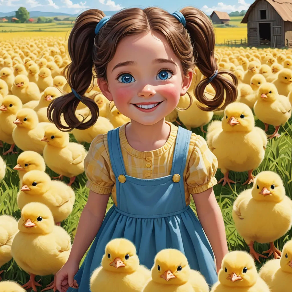 a girl standing in a field of yellow ducks with a barn in the background and a blue sky with clouds, context art, a detailed painting, Chris LaBrooy, cgstudio